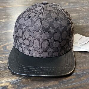 Coach Gray and Black Signature Men's Hat with Leather Trim